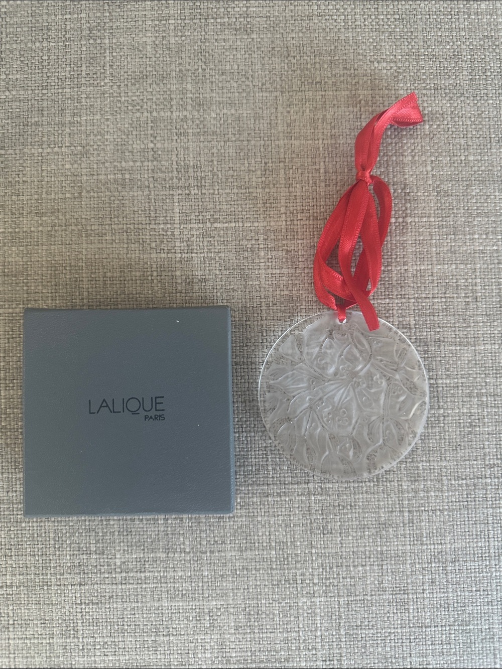 Lalique Clear Christmas ornament Crystal Floral Medallion with Red Ribbon Accent